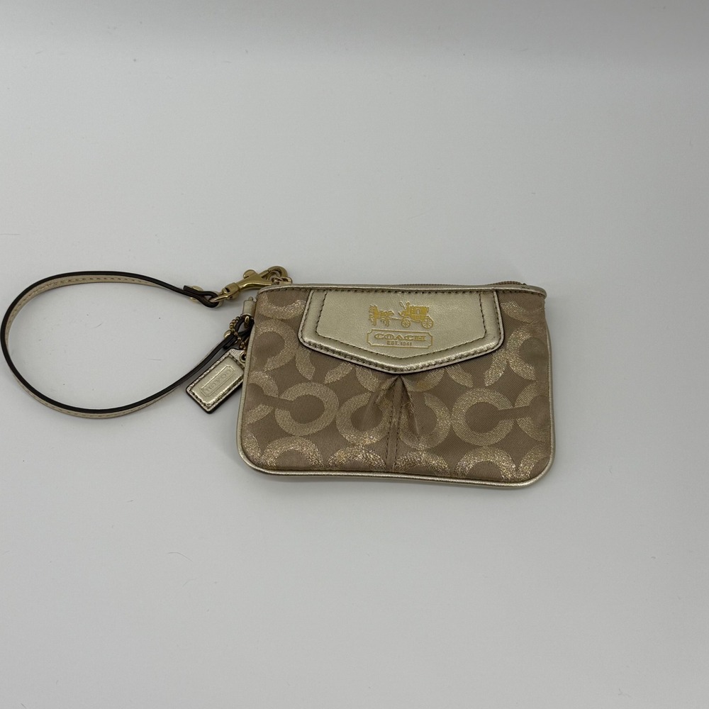 Coach Signature C Metallic Gold Khaki‎ Canvas Wristlet Pouch Zip Coin Purse